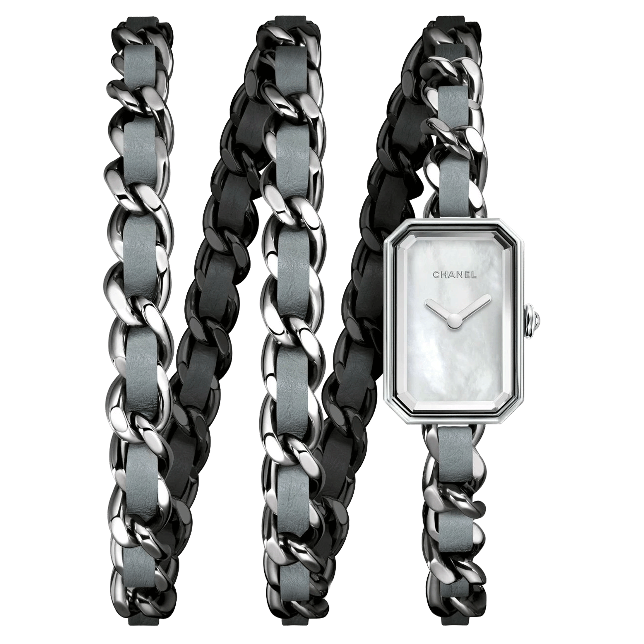 CHANEL Première Rock quartz watch white mother-of-pearl dial triple-turn bracelet steel and grey leather 23.6 x 15.8 mm H4327