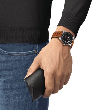 Tissot T-Sport PR 516 Powermatic 80 watch black dial brown leather strap 38 mm T149.407.16.051.00