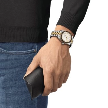 Montre Tissot T-Sport PR 516 Powermatic 80 cadran blanc bracelet acier pvd or jaune 38 mm T149.407.22.011.00