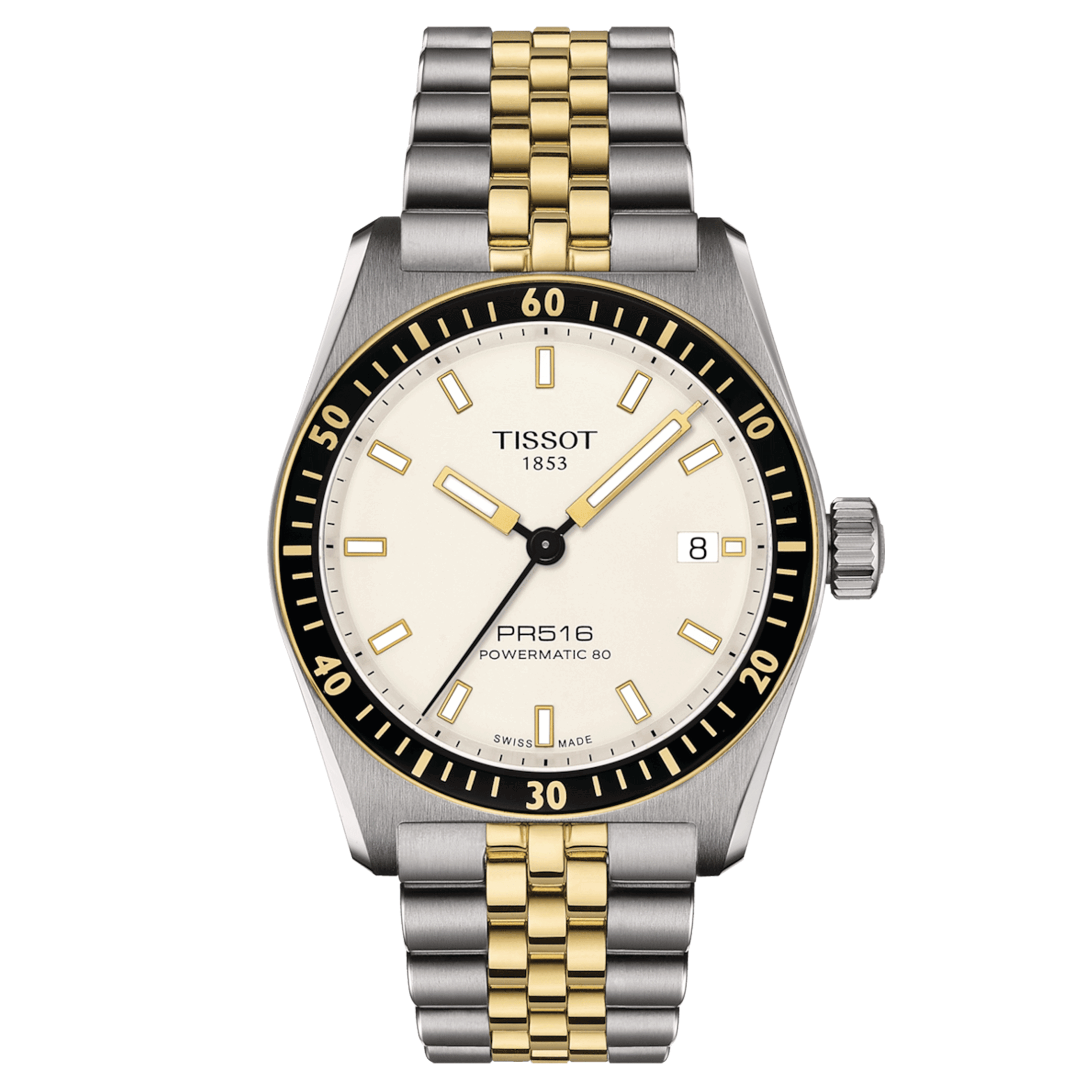 Tissot T-Sport PR 516 Powermatic 80 watch white dial stainless steel bracelet pvd yellow gold 38 mm T149.407.22.011.00