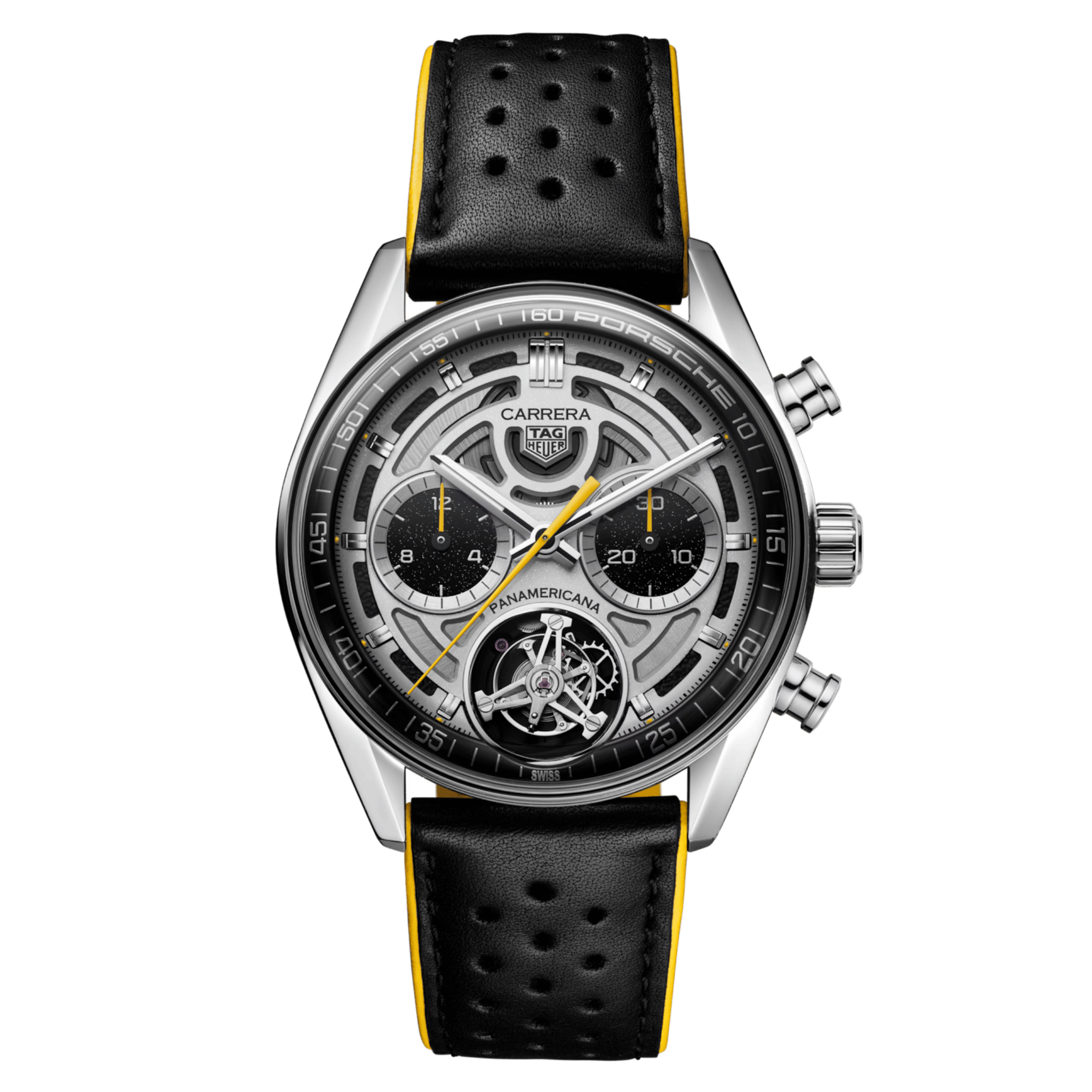 TAG Heuer Carrera Chronographe Tourbillon x Porsche Panamericana automatic silver dial leather strap 42 mm