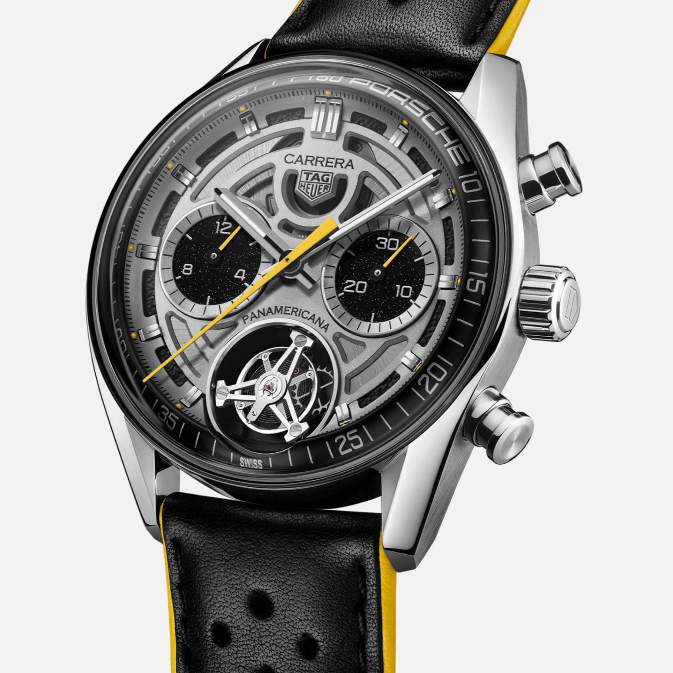 TAG Heuer Carrera Chronographe Tourbillon x Porsche Panamericana automatic silver dial leather strap 42 mm