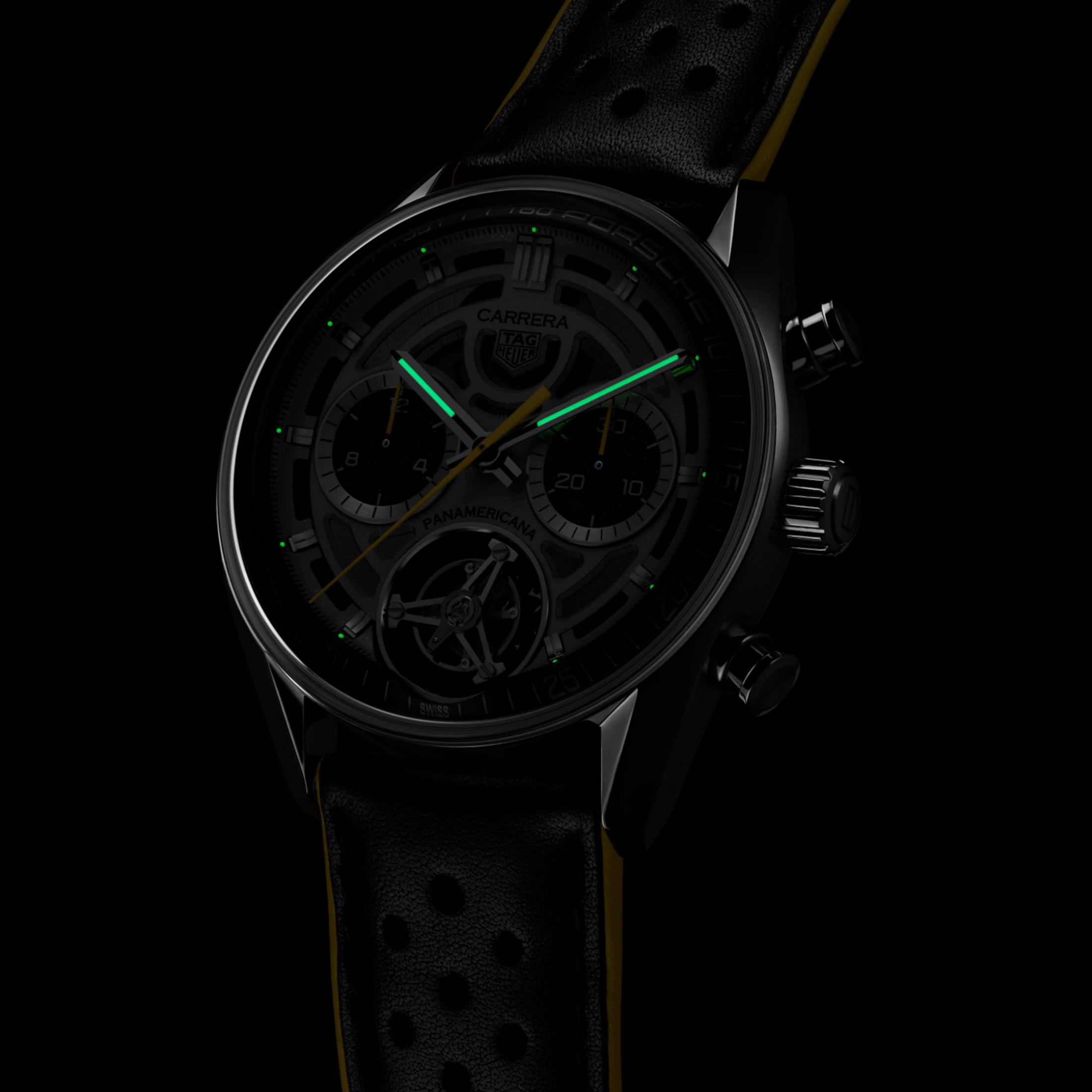 TAG Heuer Carrera Chronographe Tourbillon x Porsche Panamericana automatic silver dial leather strap 42 mm