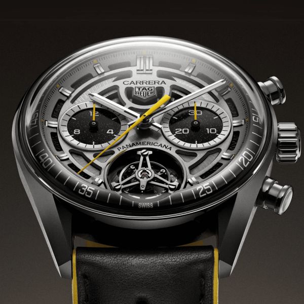 Montre TAG Heuer Carrera Chronographe Tourbillon x Porsche Panamericana automatique cadran argenté bracelet cuir 42 mm