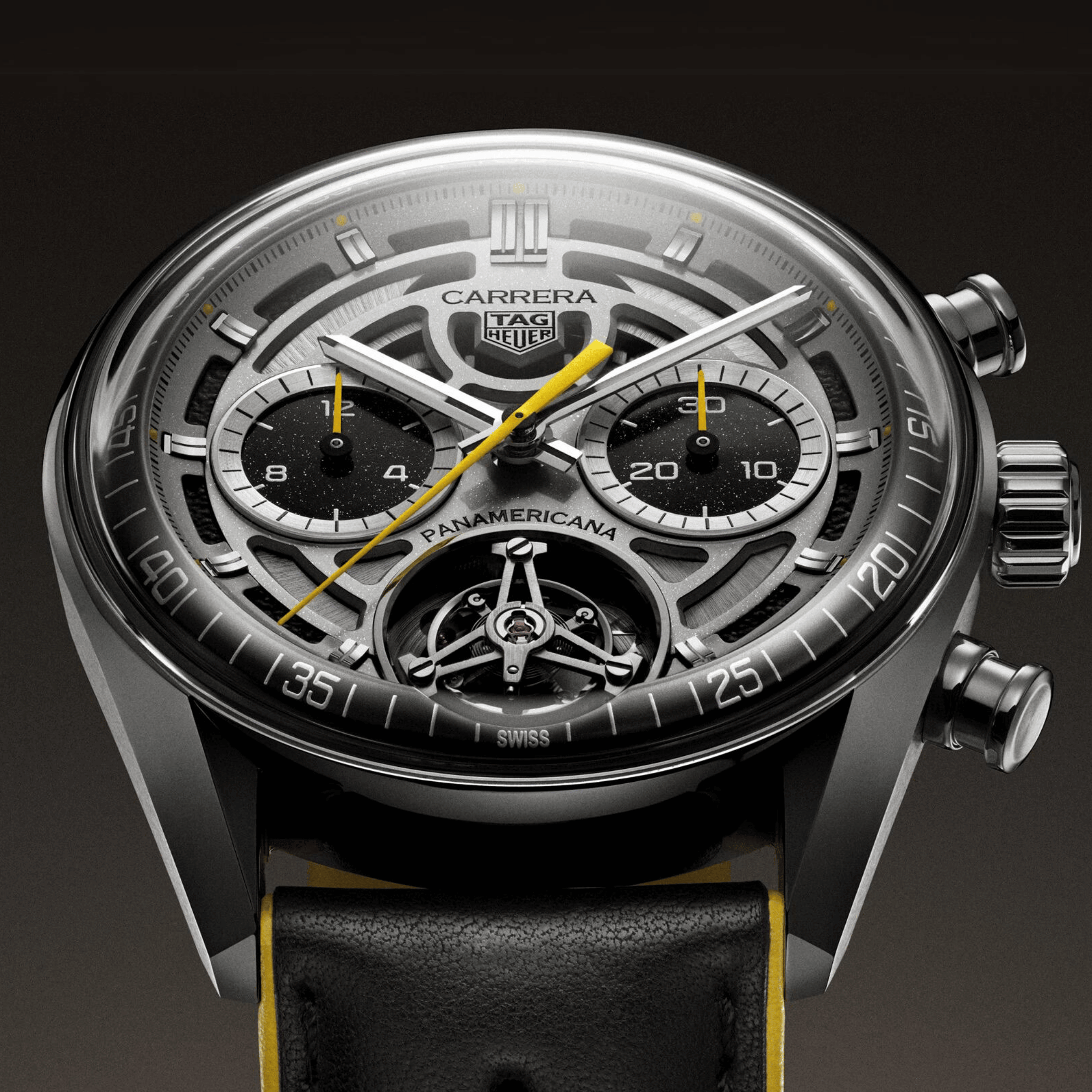 Montre TAG Heuer Carrera Chronographe Tourbillon x Porsche Panamericana automatique cadran argenté bracelet cuir 42 mm