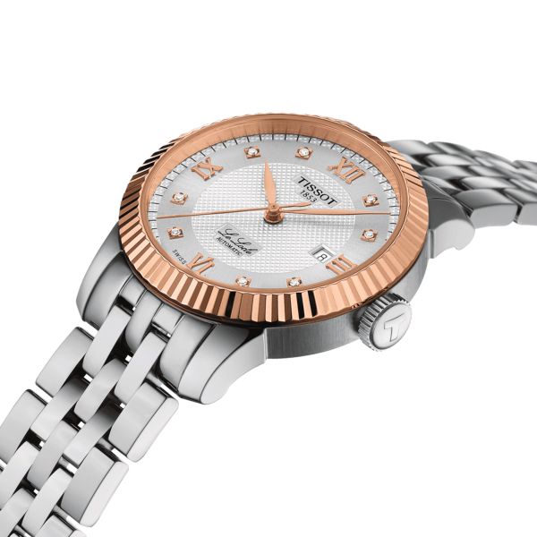 Tissot Le Locle automatic Rose Gold watch diamond hour markers silver dial steel bracelet 29 mm T932.207.41.036.00 Tissot Le Locle automatic Rose Gold watch diamond hour markers silver dial steel bracelet 29 mm T932.207.41.036.00