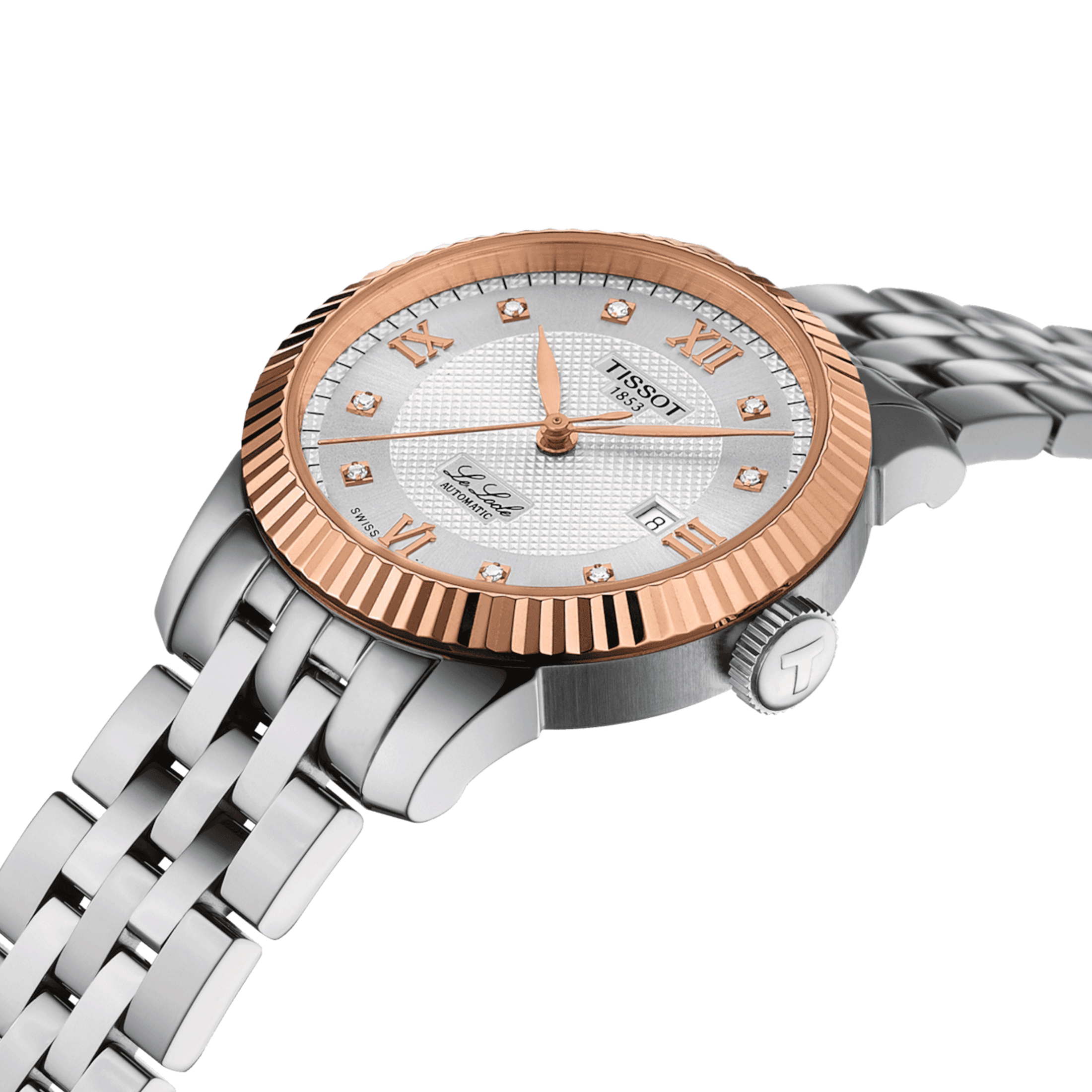 Tissot Le Locle automatic Rose Gold watch diamond hour markers silver dial steel bracelet 29 mm T932.207.41.036.00 Tissot Le Locle automatic Rose Gold watch diamond hour markers silver dial steel bracelet 29 mm T932.207.41.036.00
