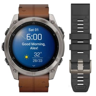 Garmin Fenix 8 AMOLED Sapphire Titanium Titanium watch brown leather and black silicone straps 51 mm