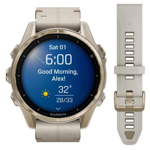 Garmin Fenix AMOLED Sapphire Titanium Soft Gold watch with beige