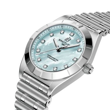 Montre Breitling Chronomat quartz index diamants cadran nacre bleue bracelet acier 28 mm A72310101C1A1