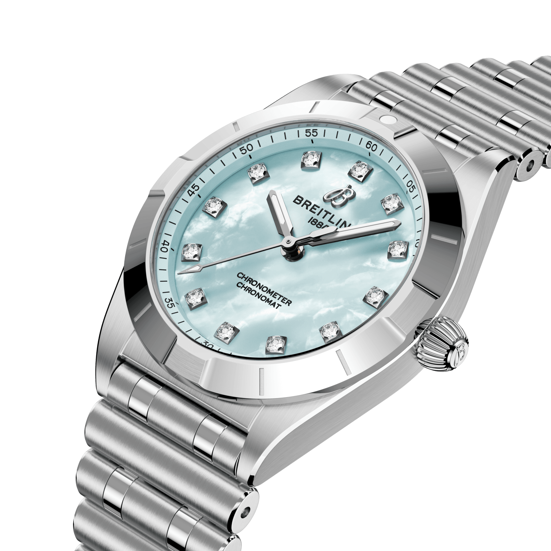 Montre Breitling Chronomat quartz index diamants cadran nacre bleue bracelet acier 28 mm A72310101C1A1