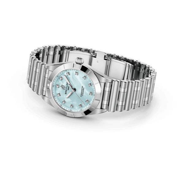 Montre Breitling Chronomat quartz index diamants cadran nacre bleue bracelet acier 28 mm A72310101C1A1