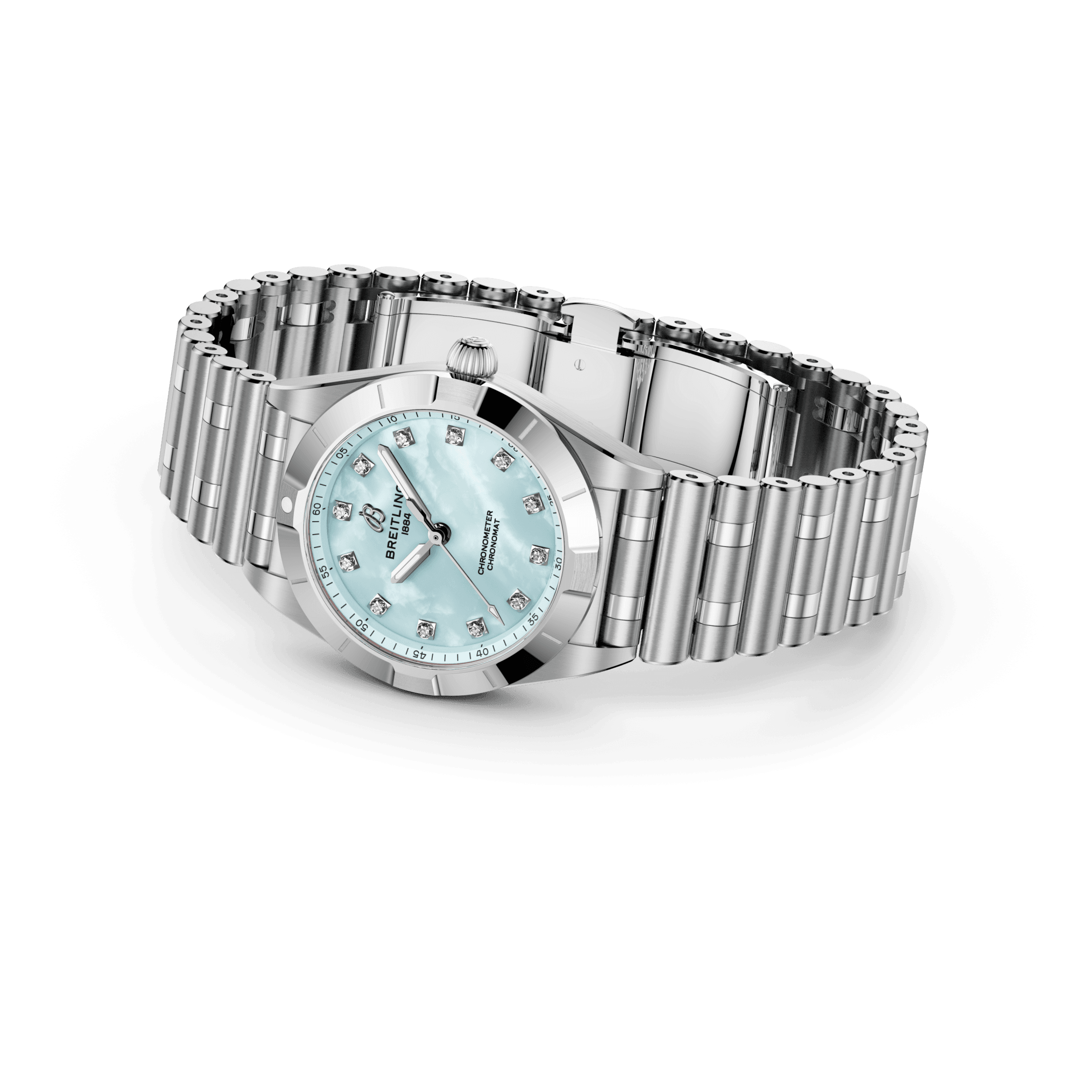 Montre Breitling Chronomat quartz index diamants cadran nacre bleue bracelet acier 28 mm A72310101C1A1