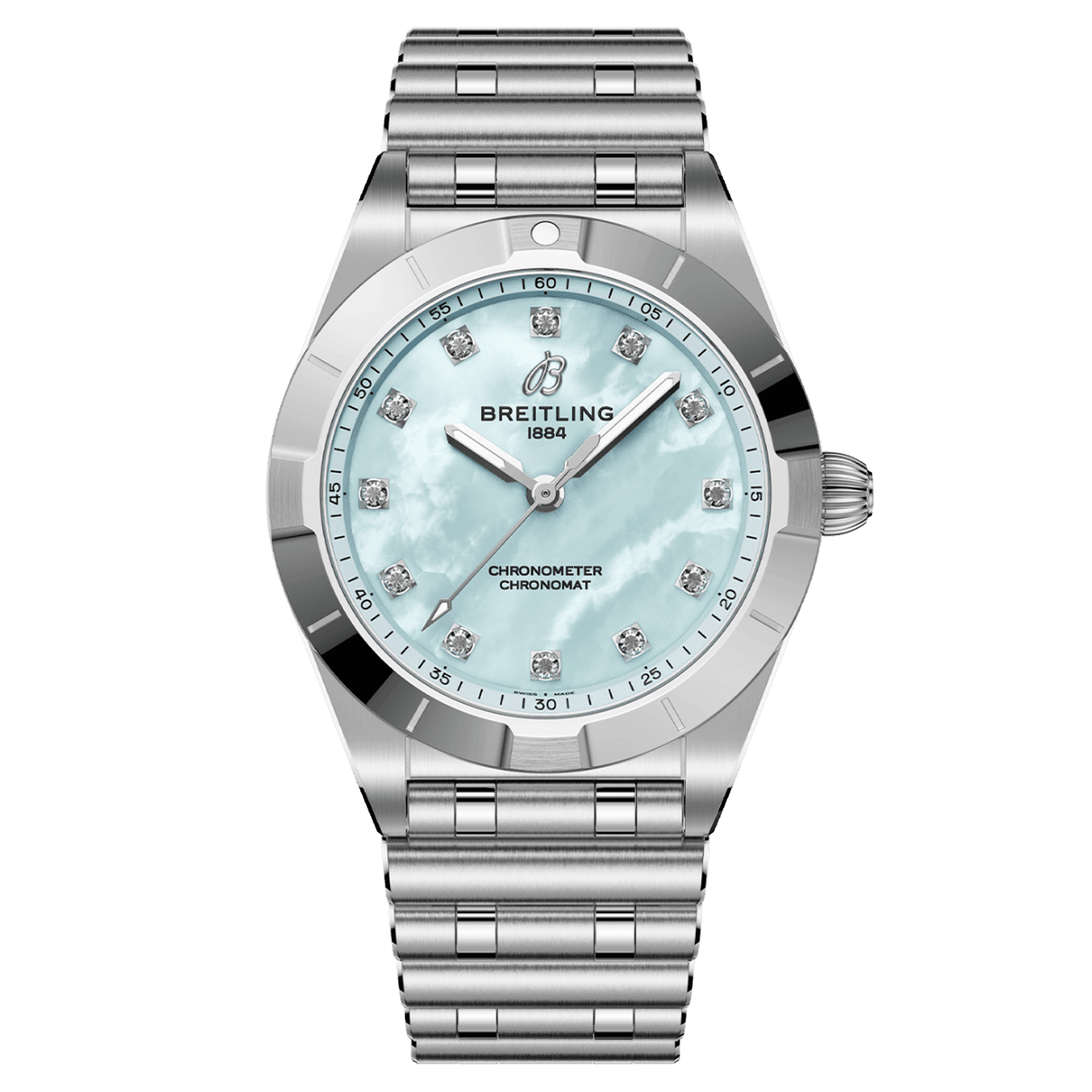 Montre Breitling Chronomat quartz index diamants cadran nacre bleue bracelet acier 28 mm A72310101C1A1