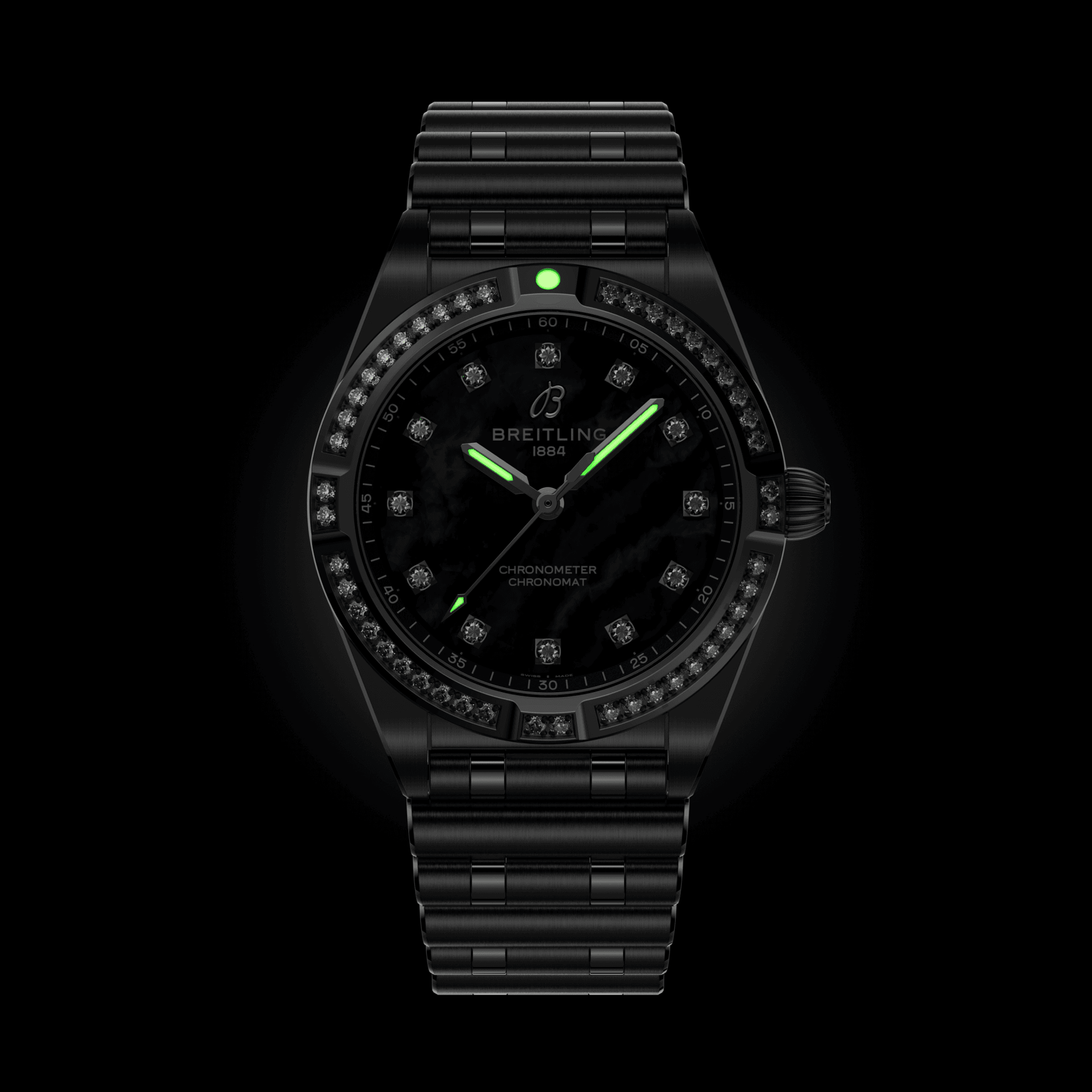 Montre Breitling Chronomat quartz lunette sertie index diamants cadran nacre noire bracelet acier 28 mm A72310531G1A1