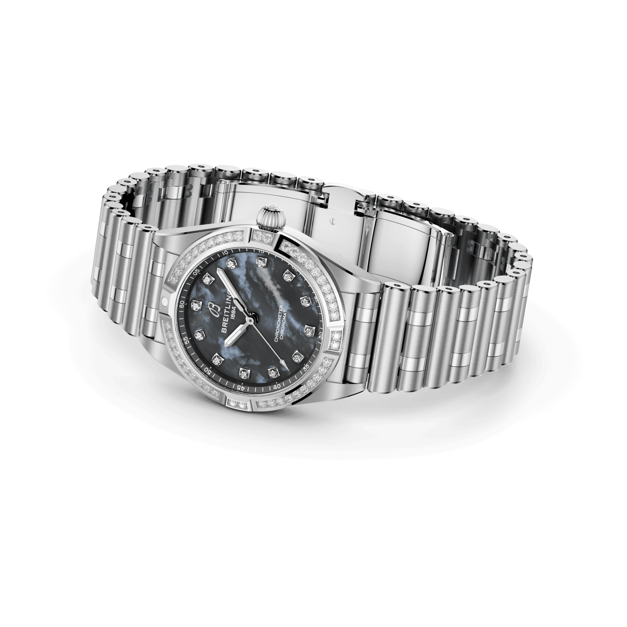 Montre Breitling Chronomat quartz lunette sertie index diamants cadran nacre noire bracelet acier 28 mm A72310531G1A1