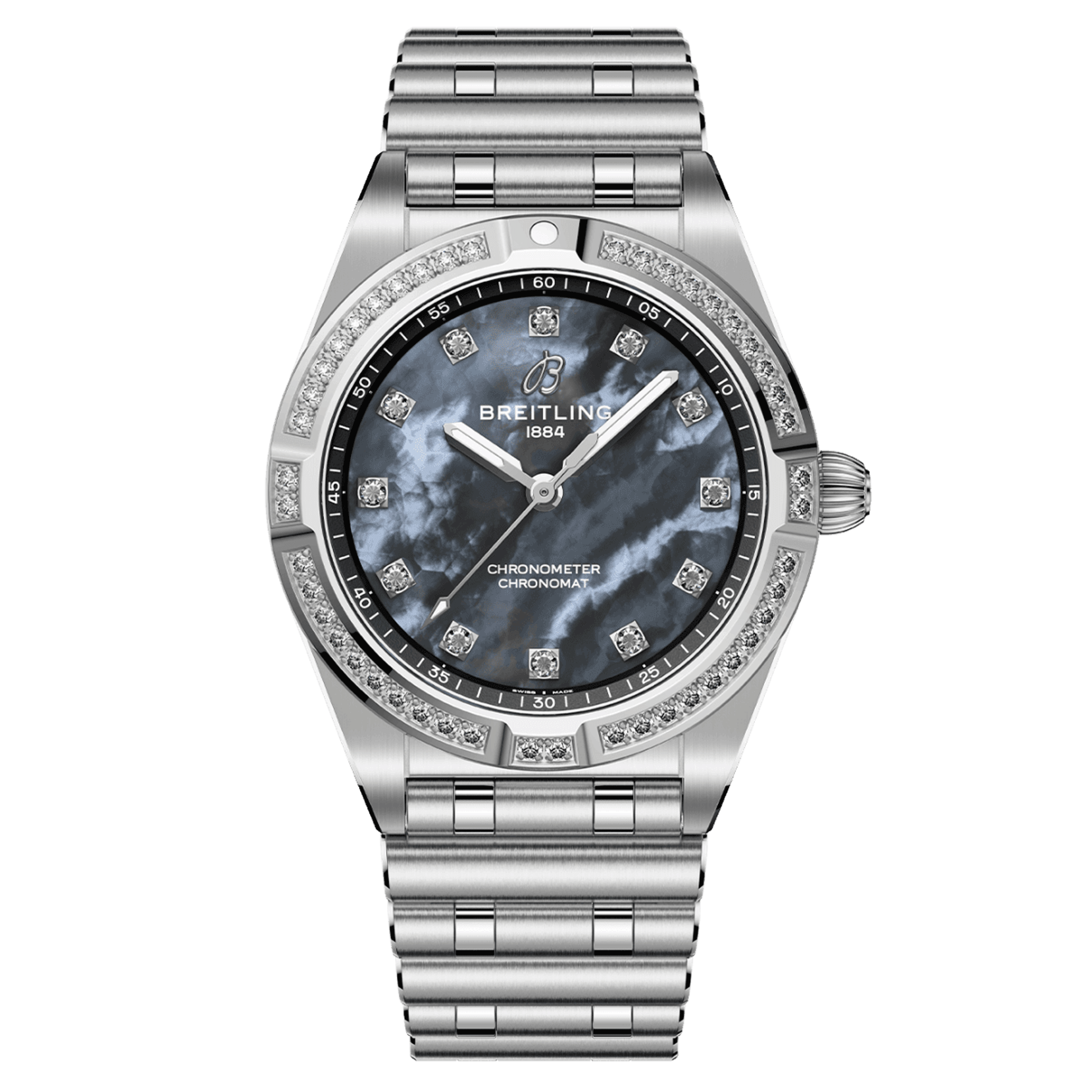 Breitling Chronomat quartz watch bezel set with diamond hour markers black mother-of-pearl 28 mm A72310531G1A1