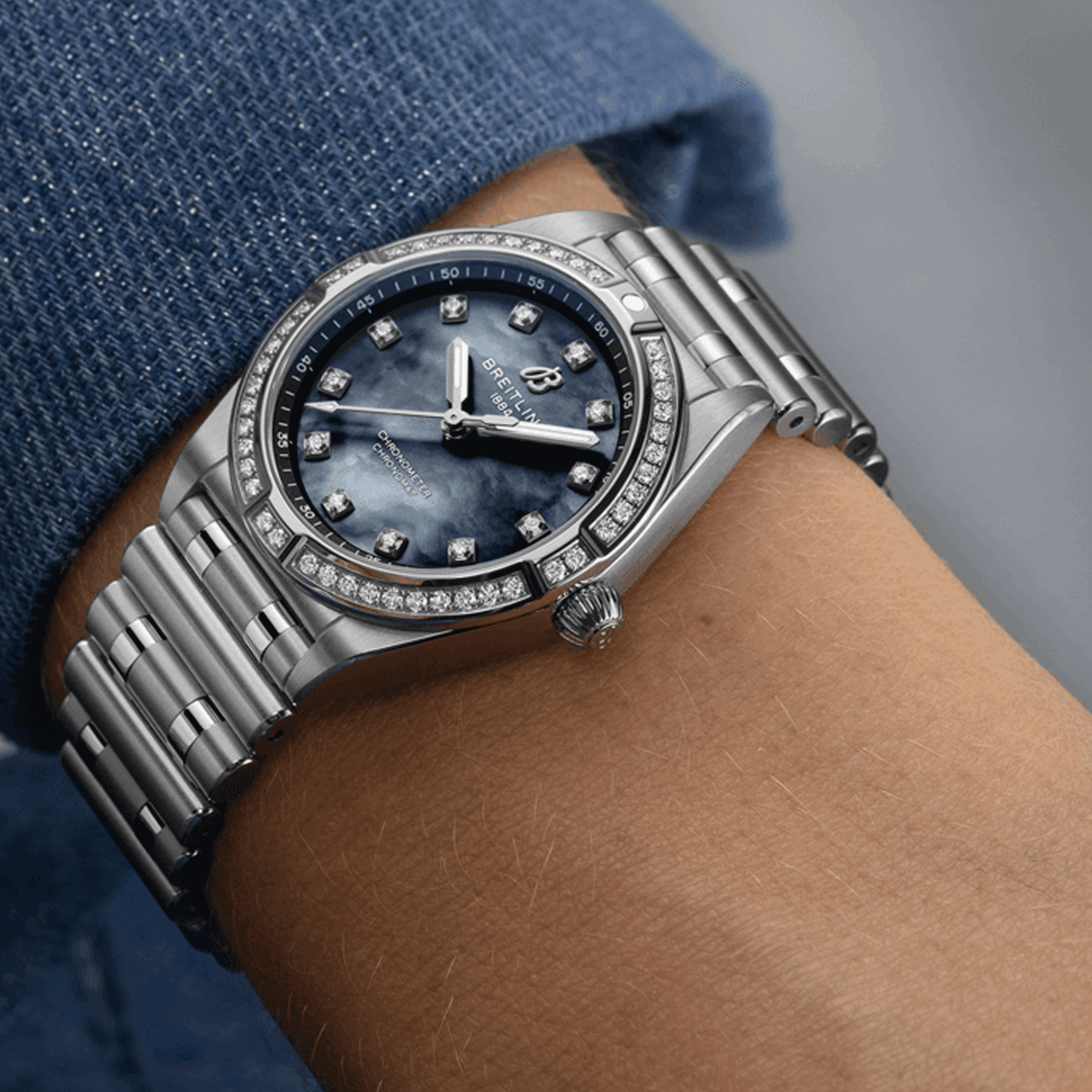 Breitling Chronomat quartz watch bezel set with diamond hour markers black mother-of-pearl 28 mm A72310531G1A1