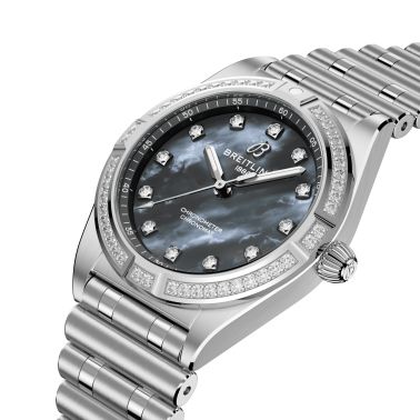 Montre Breitling Chronomat quartz lunette sertie index diamants cadran nacre noire bracelet acier 28 mm A72310531G1A1