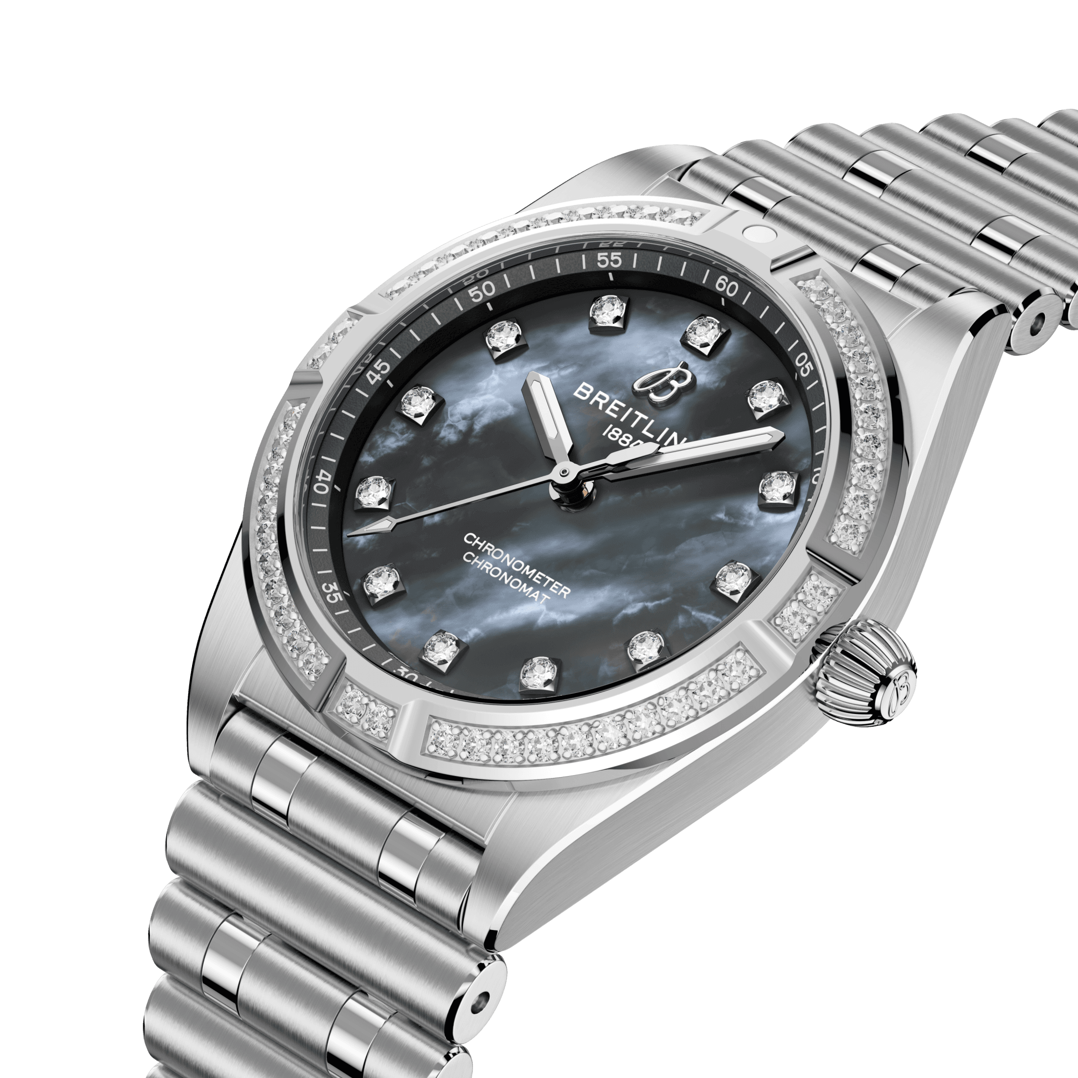 Breitling Chronomat quartz watch bezel set with diamond hour markers black mother-of-pearl 28 mm A72310531G1A1