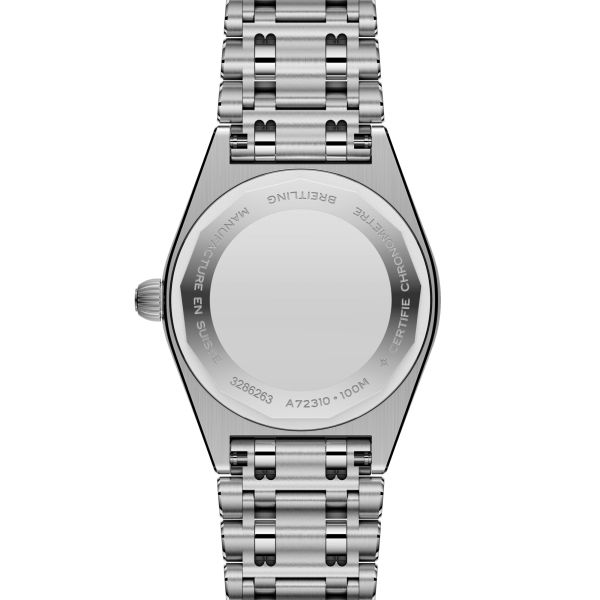 Montre Breitling Chronomat quartz lunette sertie index diamants cadran nacre noire bracelet acier 28 mm A72310531G1A1