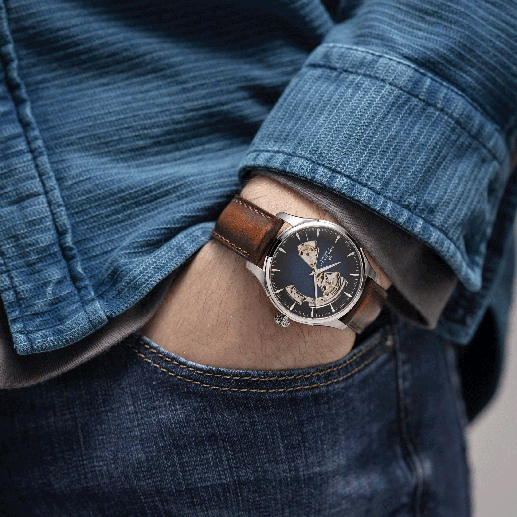 Montre Hamilton Jazzmaster Open Heart Auto cadran bleu bracelet cuir brun 40 mm H32675540