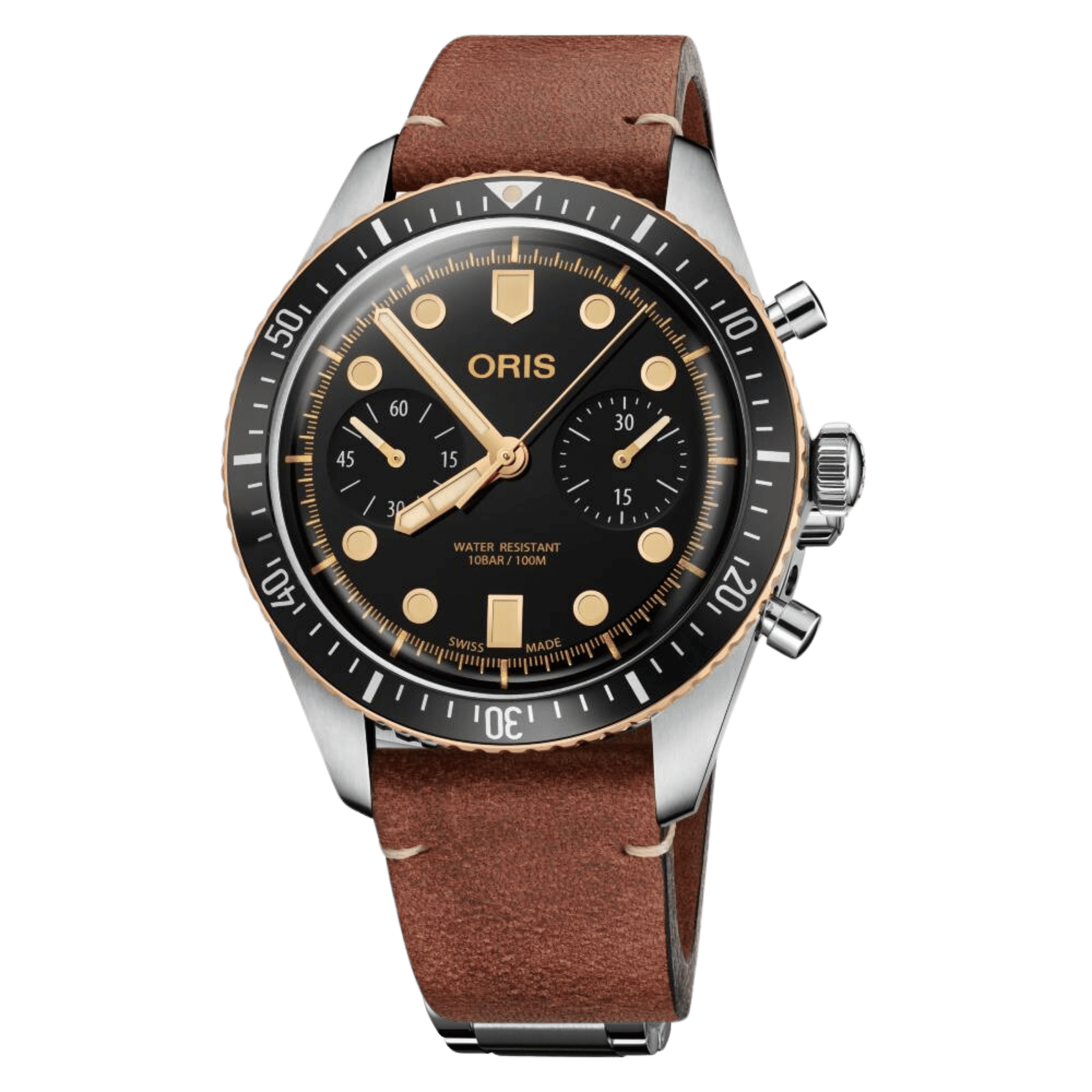 Montre Oris Divers Sixty-Five Chronographe Bronze automatique cadran noir bracelet cuir 43 mm