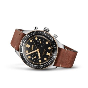 Oris Divers Sixty-Five Chronograph Bronze automatic black dial leather strap 43 mm