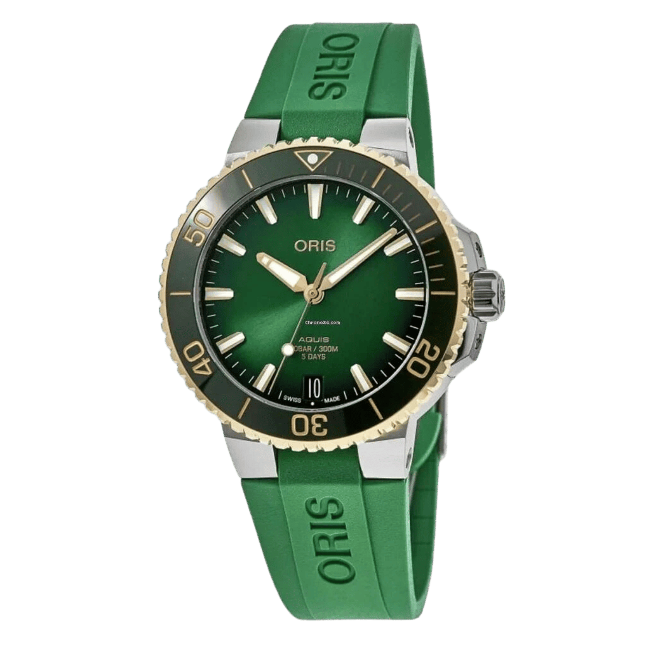 Montre Oris Aquis Date Calibre 400 Or et Acier automatique cadran vert bracelet caoutchouc 41,5 mm