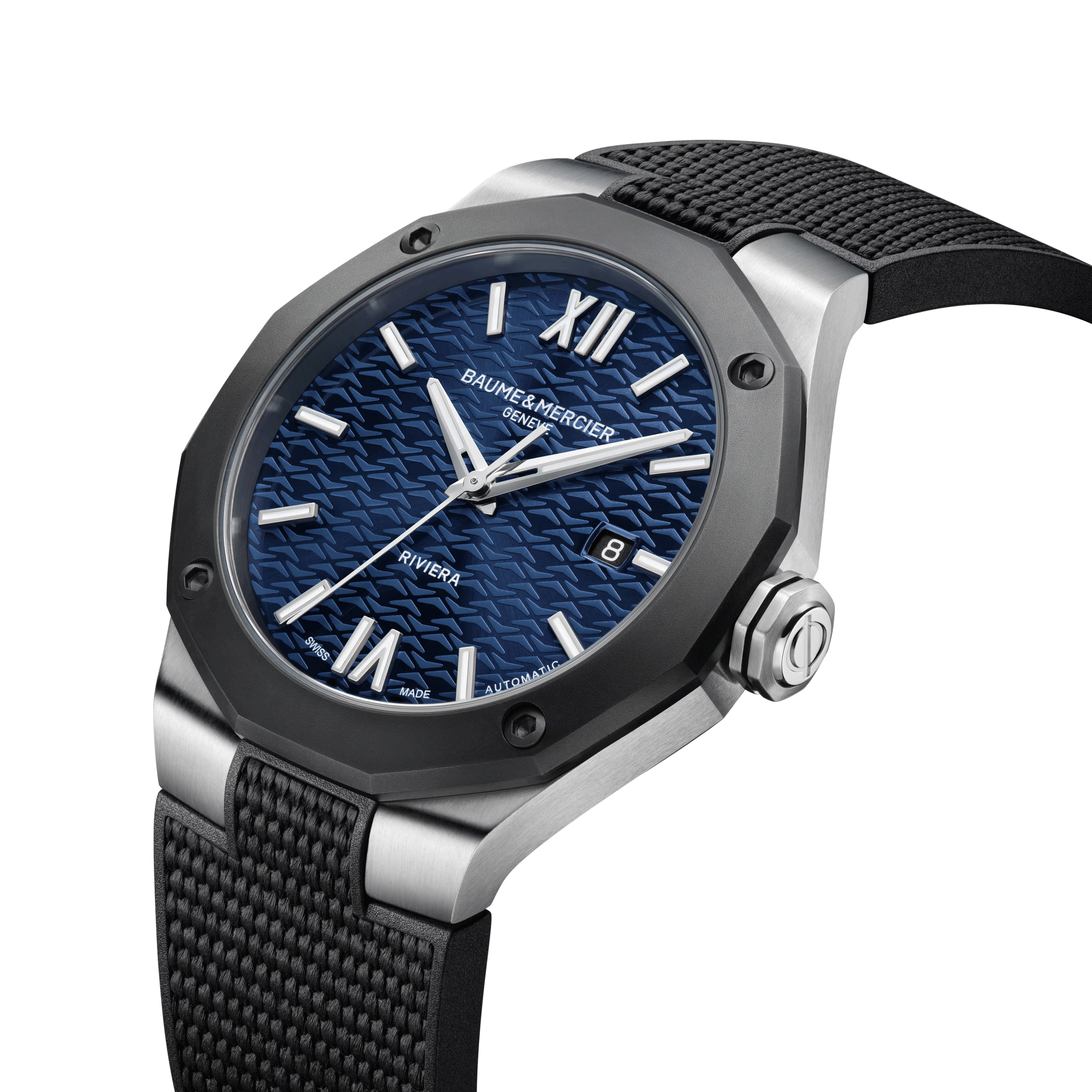 Montre Baume et Mercier Riviera ADLC noir automatique cadran bleu bracelet caoutchouc noir 42 mm 10768