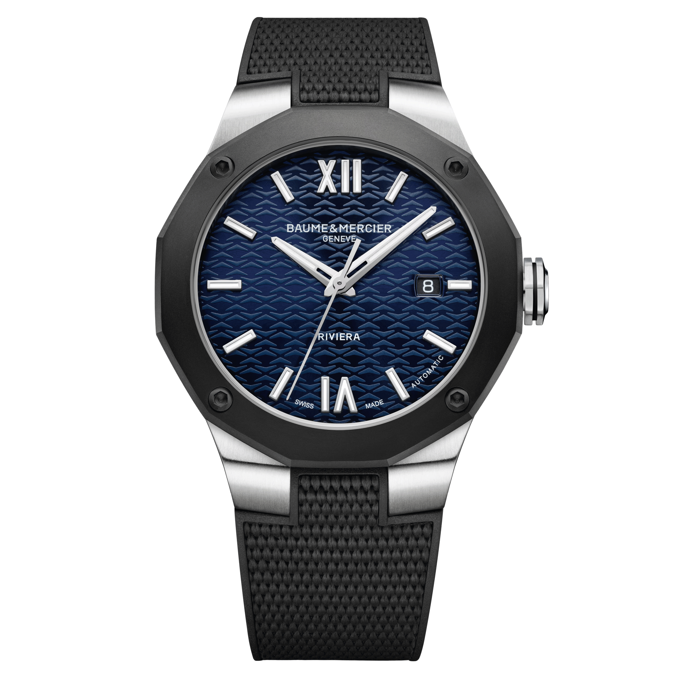 Montre Baume et Mercier Riviera ADLC noir automatique cadran bleu bracelet caoutchouc noir 42 mm 10768