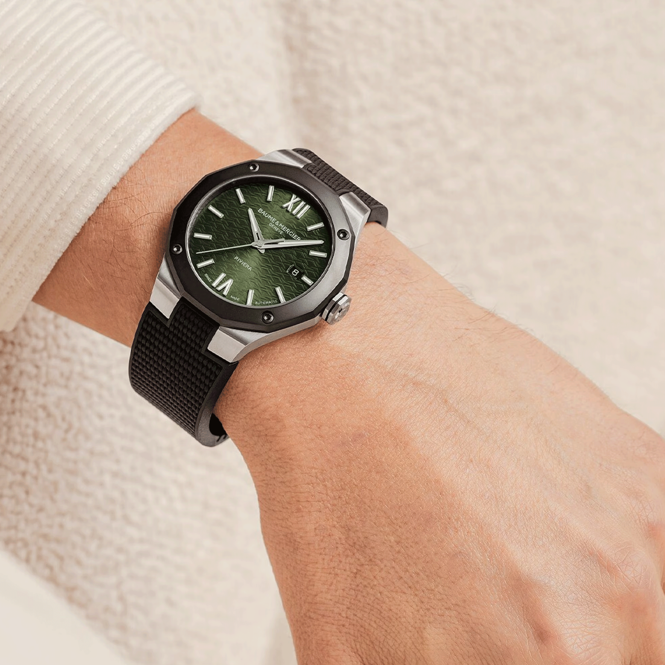 Baume et Mercier Riviera ADLC black automatic watch green dial black rubber strap 42 mm 10763