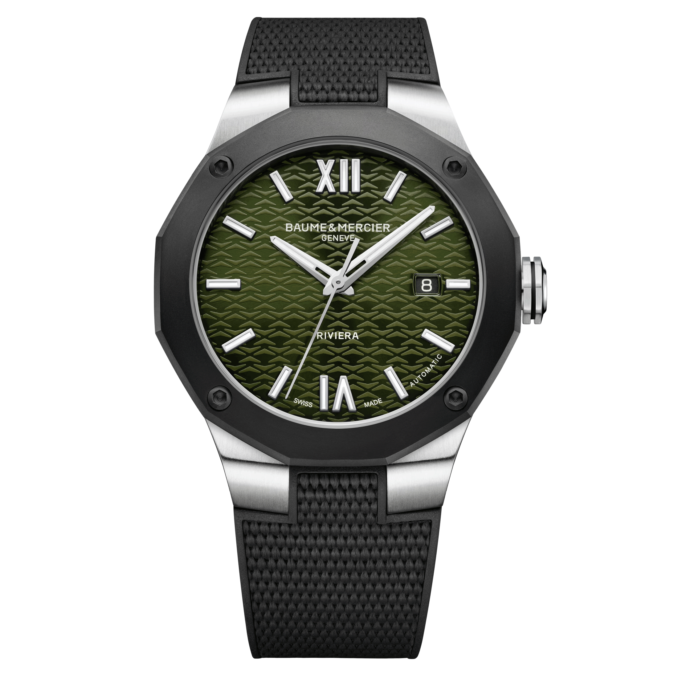 Baume et Mercier Riviera ADLC black automatic watch green dial black rubber strap 42 mm 10763