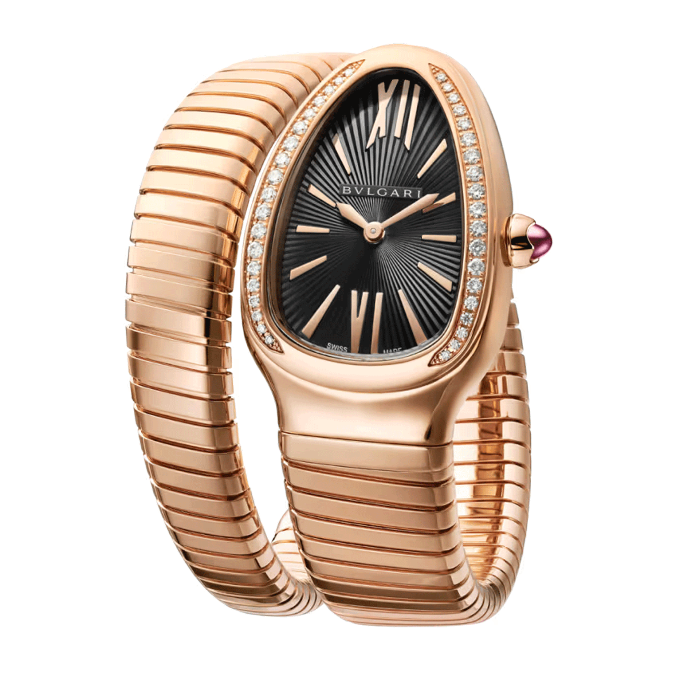 Montre Bulgari Serpenti Tubogas quartz lunette sertie cadran noir bracelet or rose 35 mm 101815