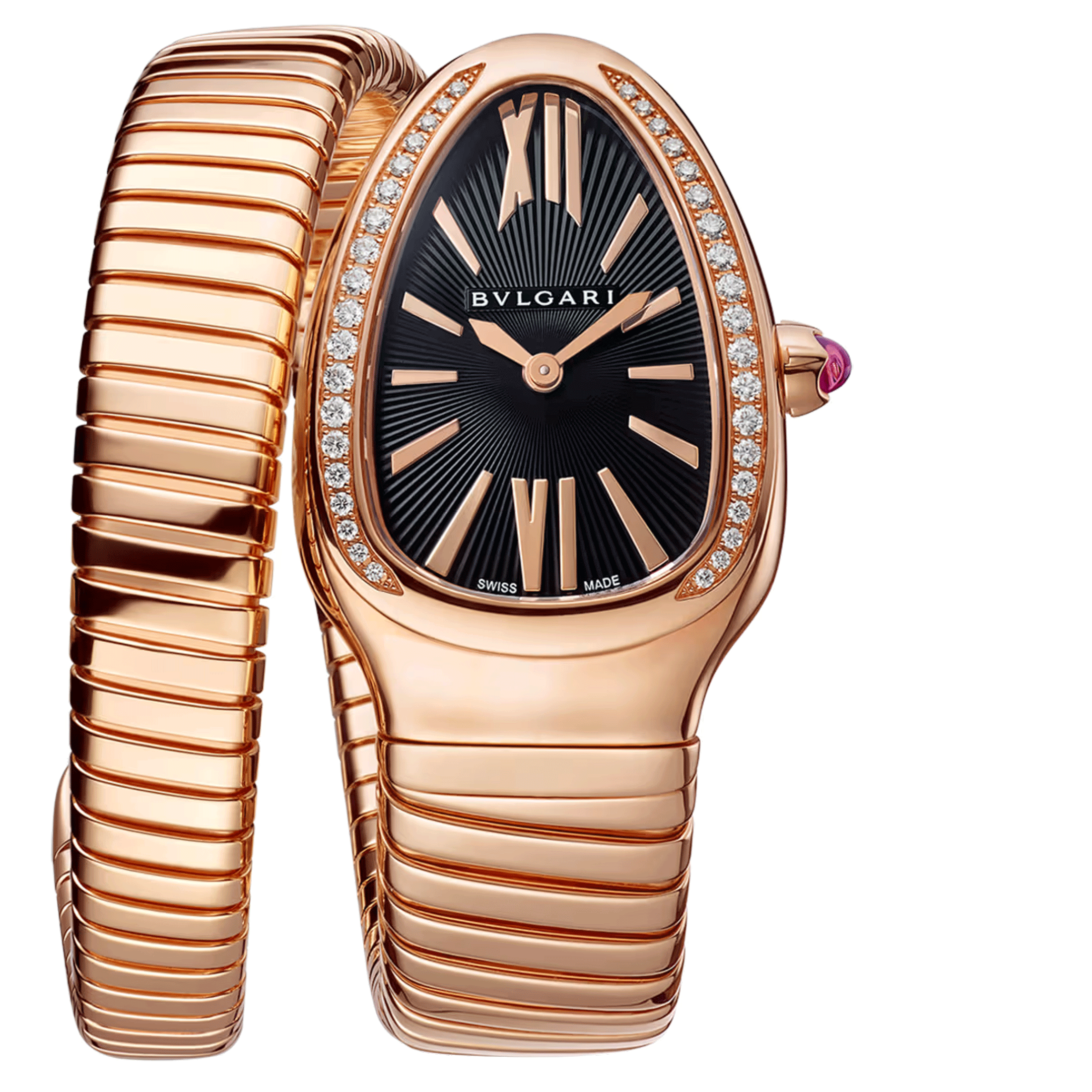 Montre Bulgari Serpenti Tubogas quartz lunette sertie cadran noir bracelet or rose 35 mm 101815