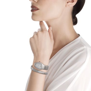 Montre Bulgari Serpenti Tubogas S quartz lunette sertie cadran blanc bracelet acier 35 mm 101816