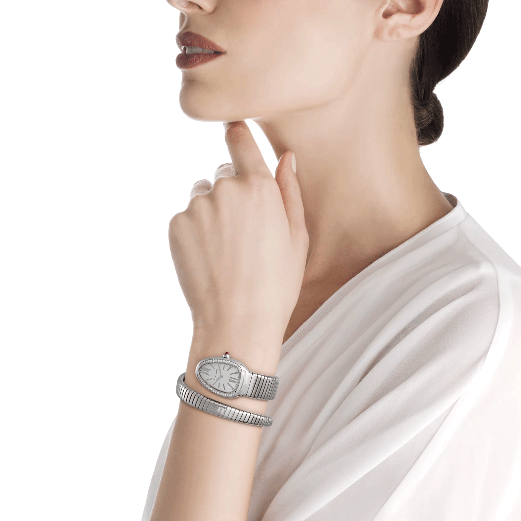 Bulgari Serpenti Tubogas S quartz watch bezel set white dial steel bracelet 35 mm 101816