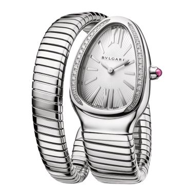 Bulgari Serpenti Tubogas S quartz watch bezel set white dial steel bracelet 35 mm 101816