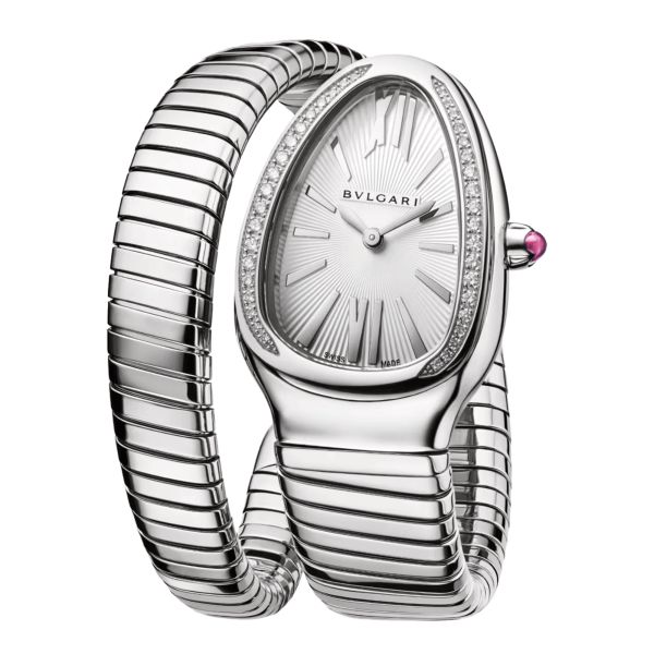 Bulgari Serpenti Tubogas S quartz watch bezel set white dial steel bracelet 35 mm 101816