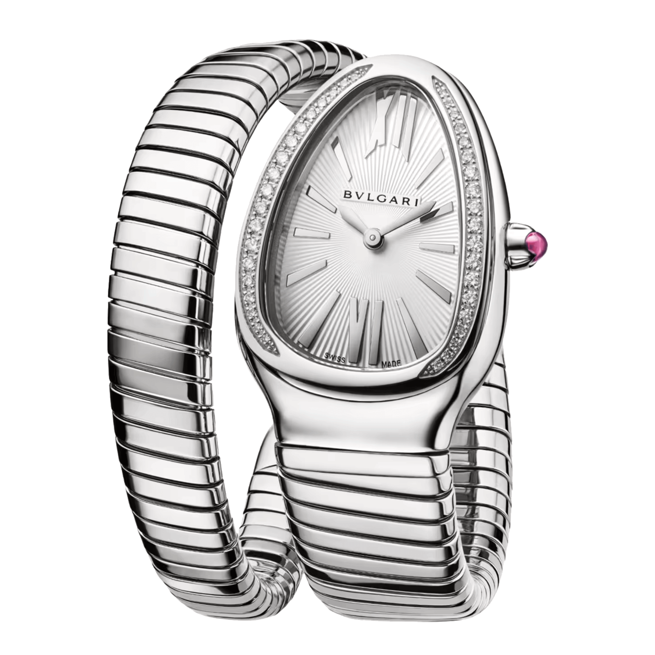 Bulgari Serpenti Tubogas S quartz watch bezel set white dial steel bracelet 35 mm 101816