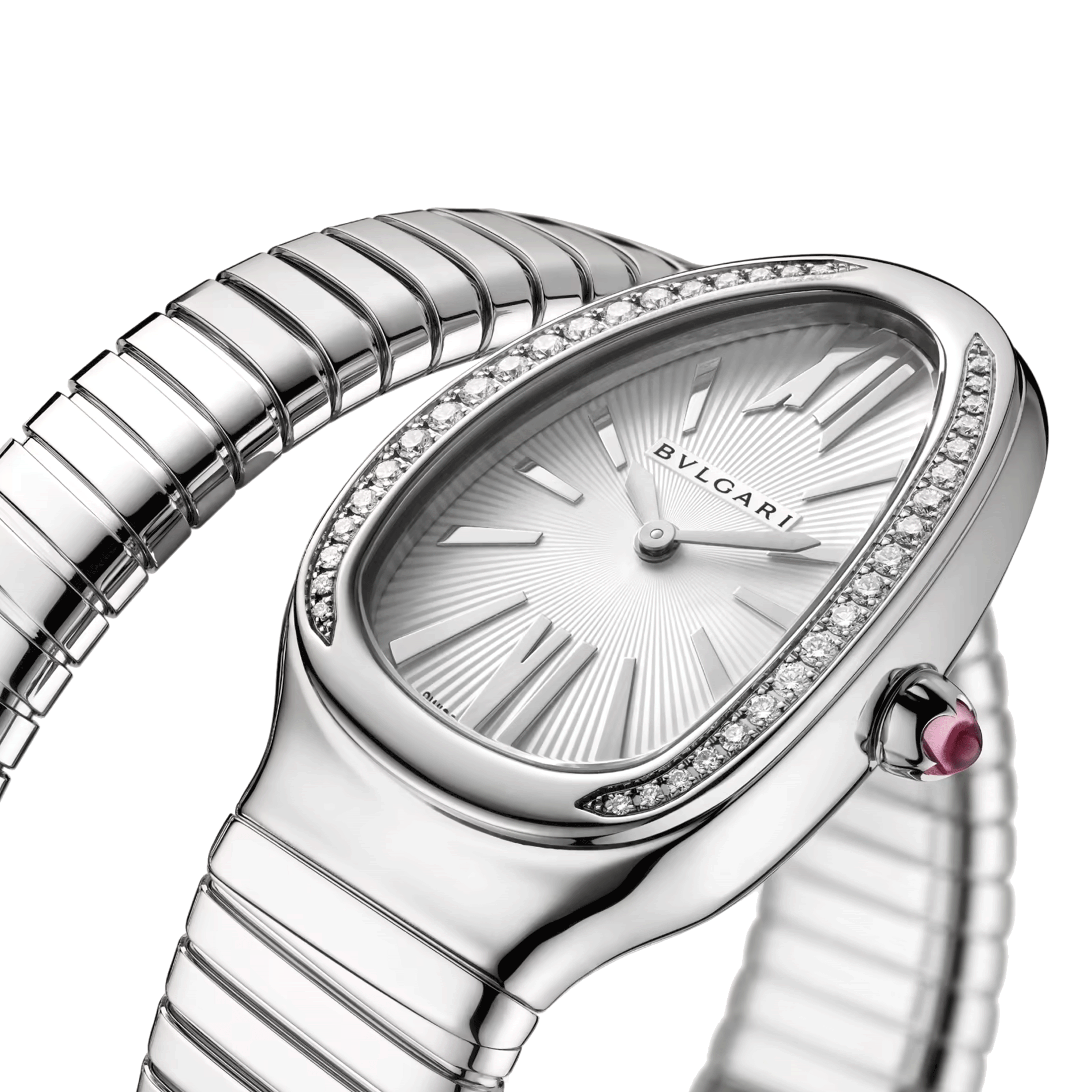 Bulgari Serpenti Tubogas S quartz watch bezel set white dial steel bracelet 35 mm 101816