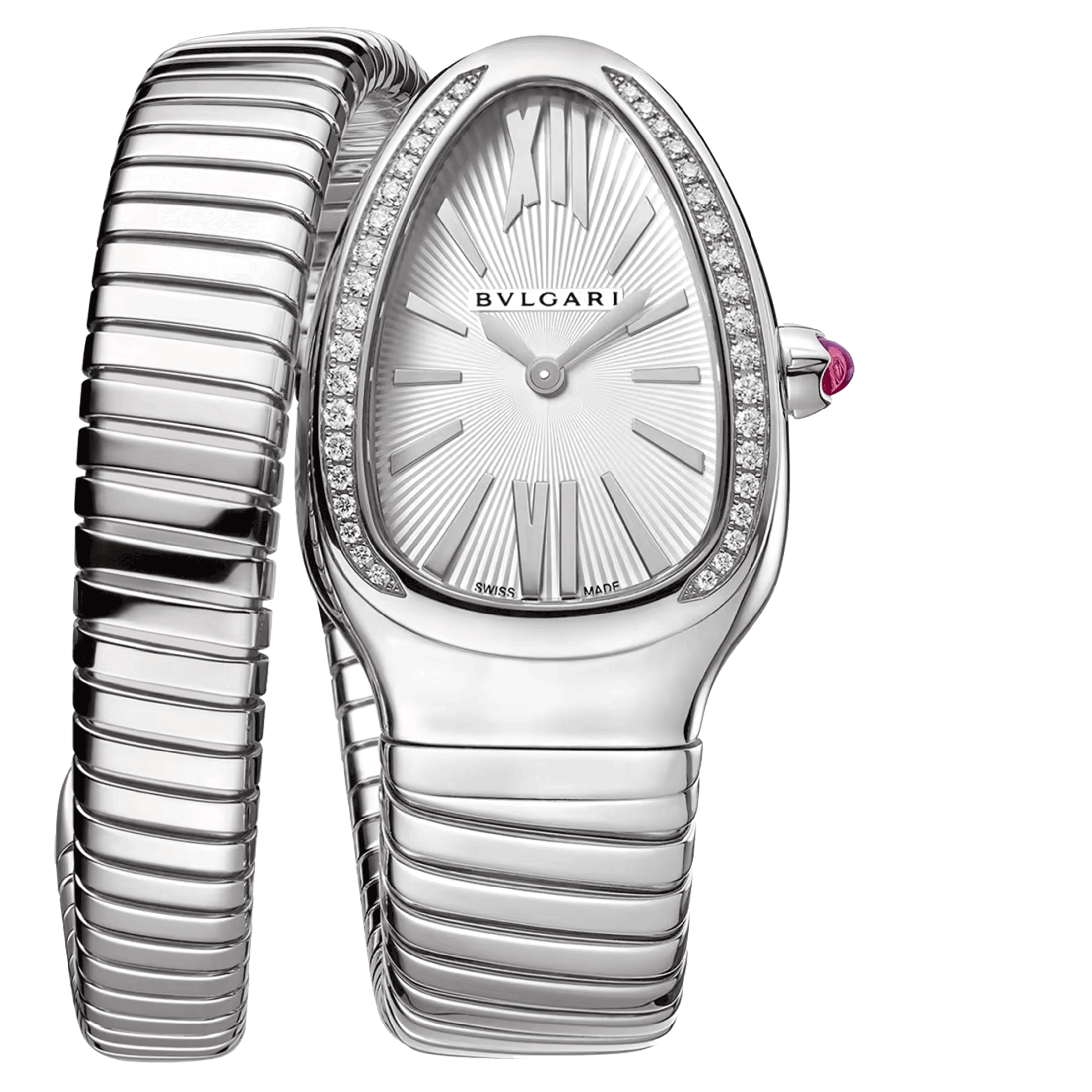 Bulgari Serpenti Tubogas S quartz watch bezel set white dial steel bracelet 35 mm 101816