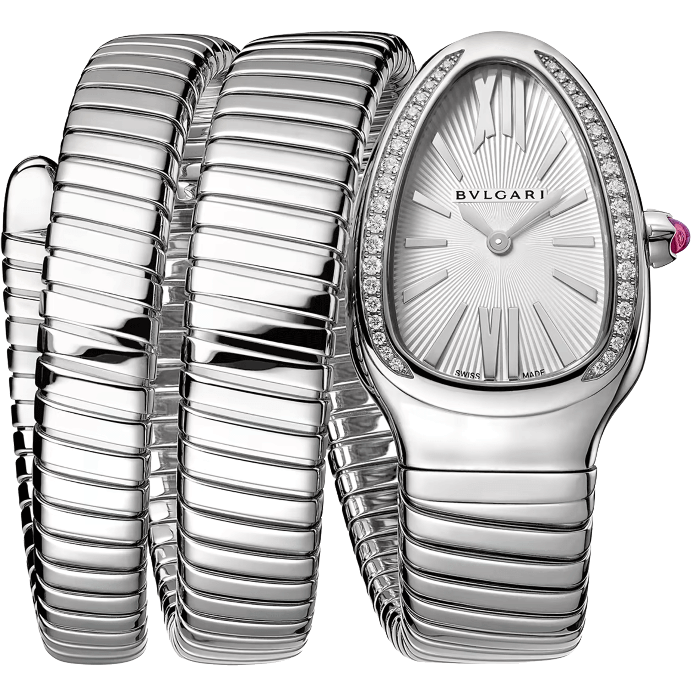 Bulgari Serpenti Tubogas S quartz watch bezel set white dial stainless steel bracelet double tour 35 mm 101910