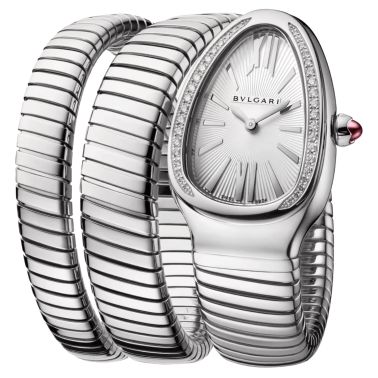 Bulgari Serpenti Tubogas S quartz watch bezel set white dial stainless steel bracelet double tour 35 mm 101910