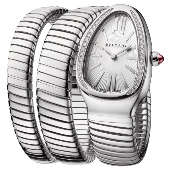 Bulgari Serpenti Tubogas S quartz watch bezel set white dial stainless steel bracelet double tour 35 mm 101910