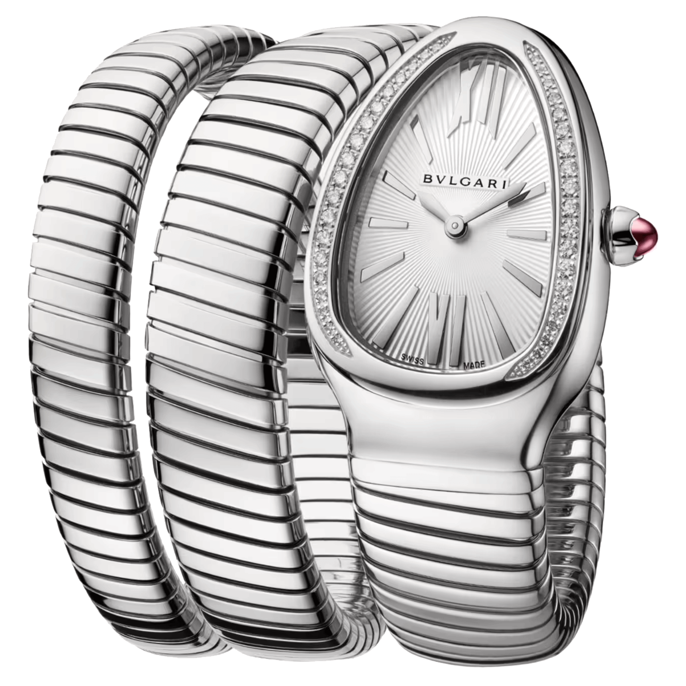 Montre Bulgari Serpenti Tubogas S quartz lunette sertie cadran blanc bracelet acier double tour 35 mm 101910