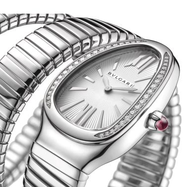Montre Bulgari Serpenti Tubogas S quartz lunette sertie cadran blanc bracelet acier double tour 35 mm 101910