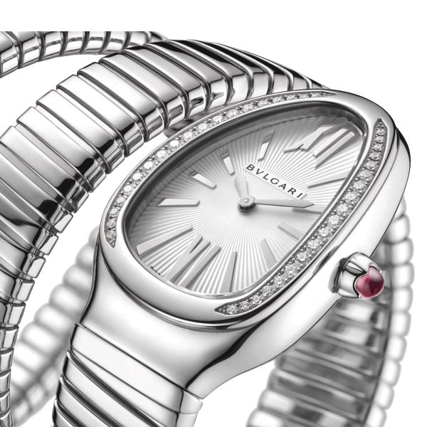 Montre Bulgari Serpenti Tubogas S quartz lunette sertie cadran blanc bracelet acier double tour 35 mm 101910