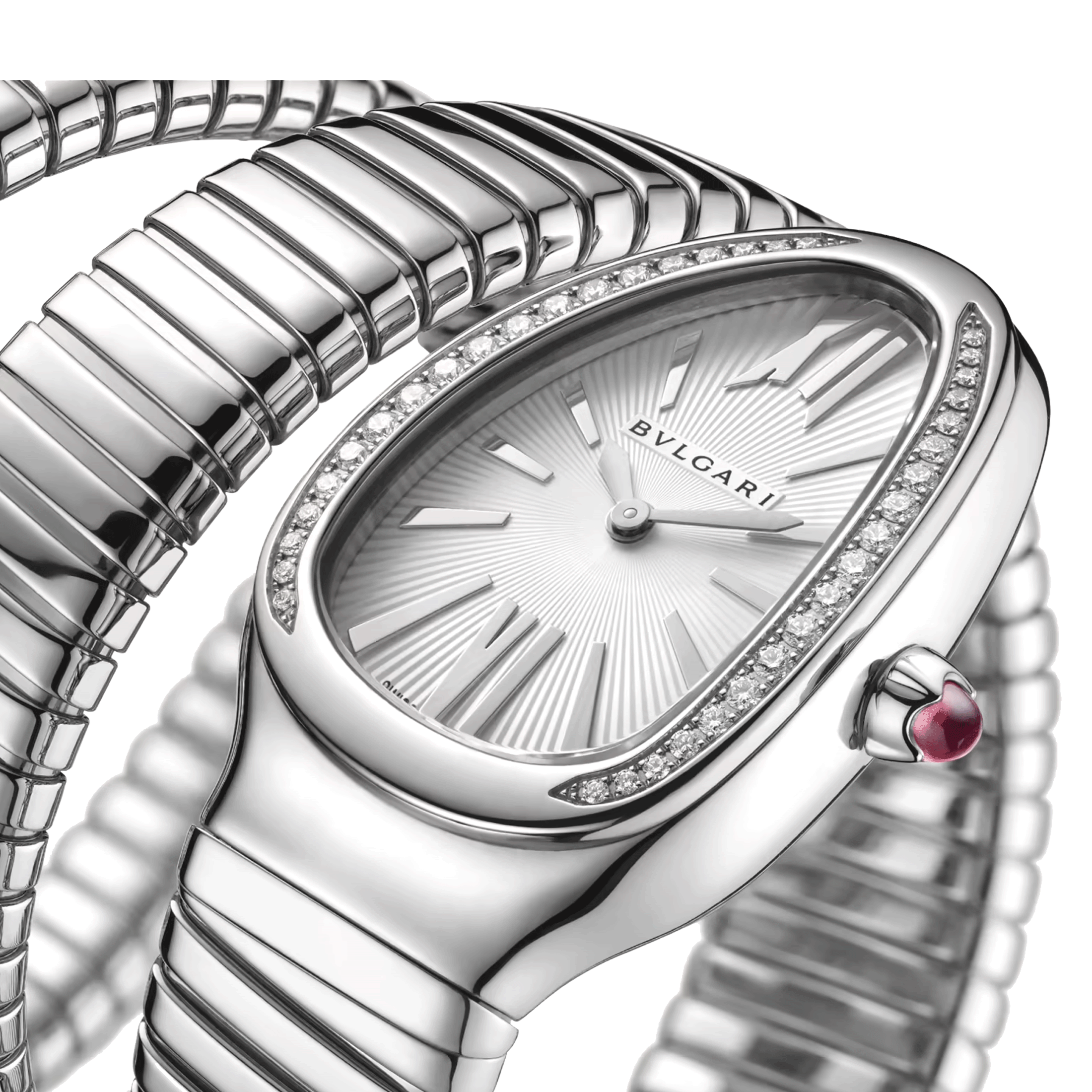 Bulgari Serpenti Tubogas S quartz watch bezel set white dial stainless steel bracelet double tour 35 mm 101910