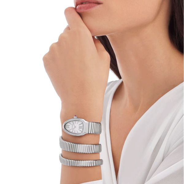 Bulgari Serpenti Tubogas S quartz watch bezel set white dial stainless steel bracelet double tour 35 mm 101910